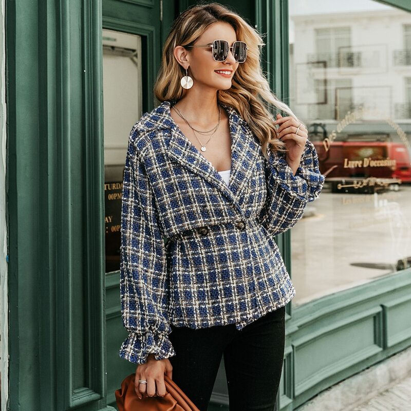 

Double Button Flounce Sleeve Plaid Tweed Coat, Multicolor
