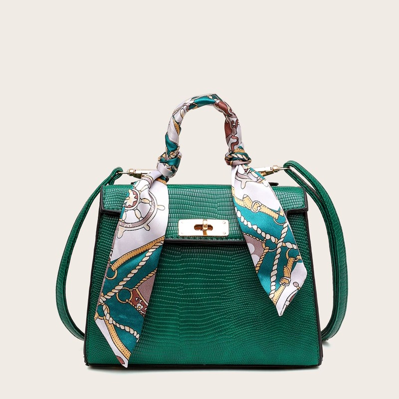 

Lizard Embossed Twilly Scarf Decor Satchel Bag, Green