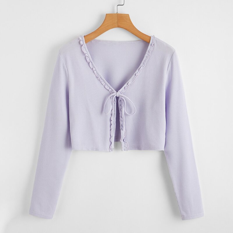 

Frill Trim Tie Front Ribbed Top, Pastel lilac purple