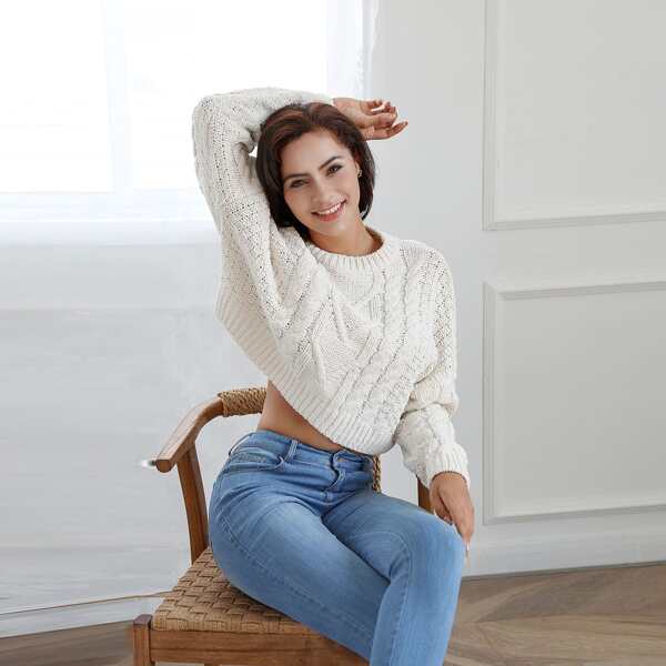 

Solid Cable Knit Drop Shoulder Sweater, White