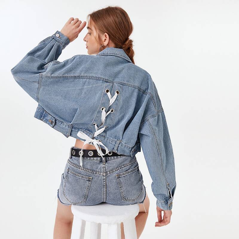 

Lace Up Back Dual Pockets Denim Jacket, Light wash
