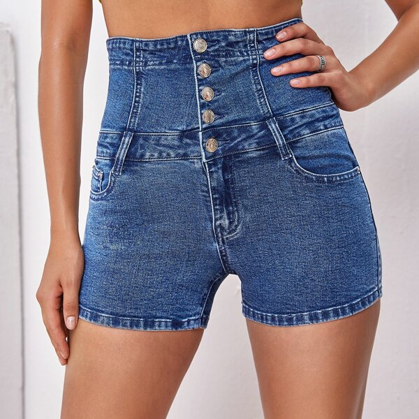 

High Waist Button Fly Denim Shorts, Medium wash