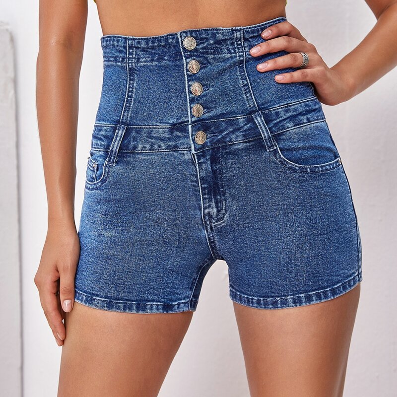 

High Waist Button Fly Denim Shorts, Medium wash