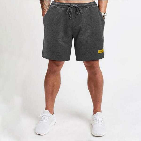 

Men Slogan Patched Drawstring Waist Track Shorts, Dark grey