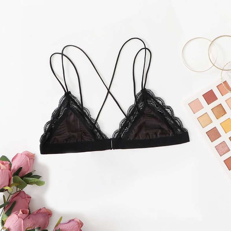 

Lace Trim Triangle Bralette, Black