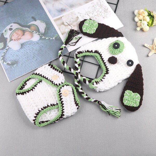 

Newborn Boy Knit Shorts & Cartoon Graphic Knit Hat Photo Outfit, White