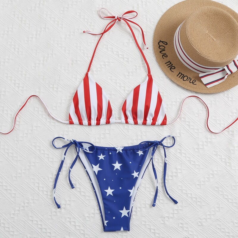 

Striped & Star Print Triangle Tie Side Bikini Swimsuit, Multicolor