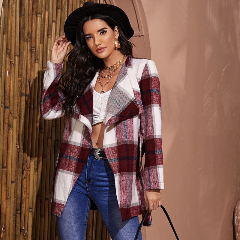 

Waterfall Collar Belted Plaid Coat, Red and white