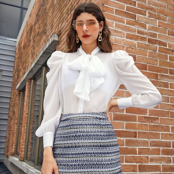 

Tie Neck Gigot Sleeve Sheer Blouse, White