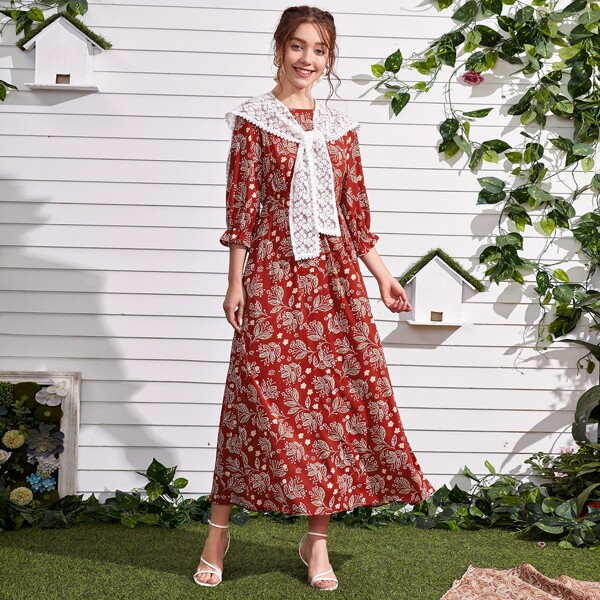 

Floral Print Flounce Sleeve Dress With Cape, Red