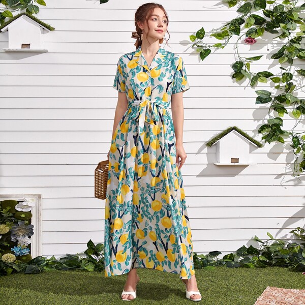 

Fruit Print Button Front Belted Shirt Dress, Multicolor