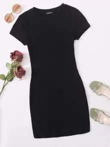 SHEIN EZwear Solid Rib-knit Bodycon Dress - Black - View 2