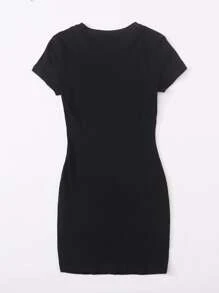 SHEIN EZwear Solid Rib-knit Bodycon Dress - Black - View 3