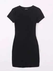 SHEIN EZwear Solid Rib-knit Bodycon Dress - Black - View 6