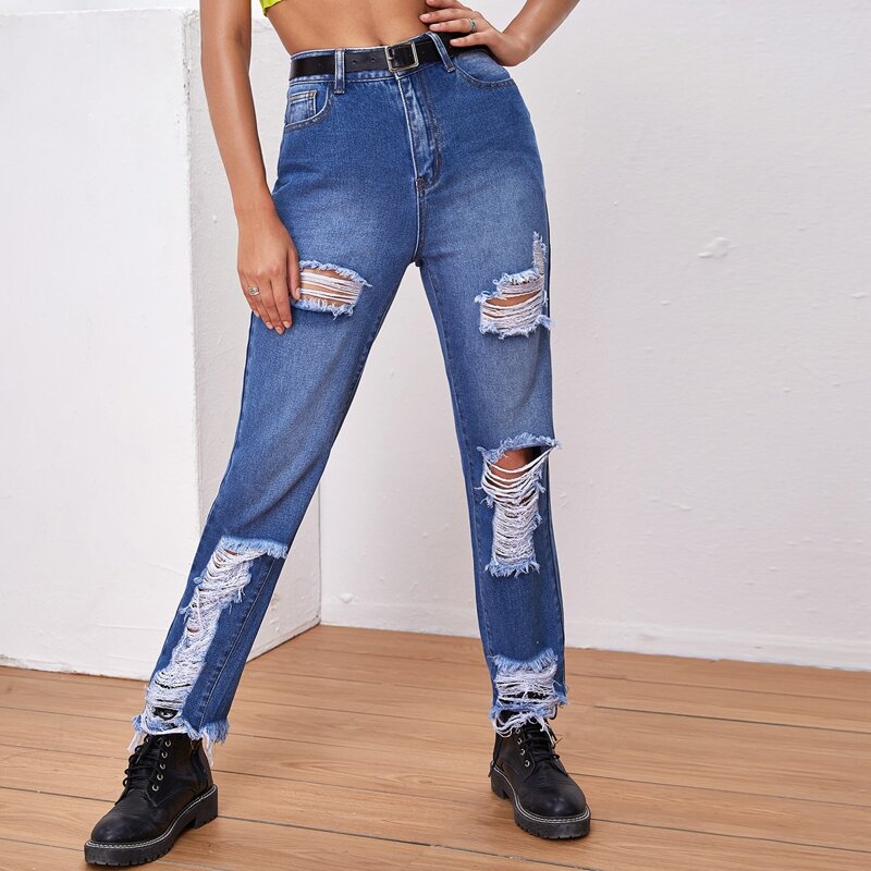 

Raw Hem Ripped Jeans Without Belt, Medium wash