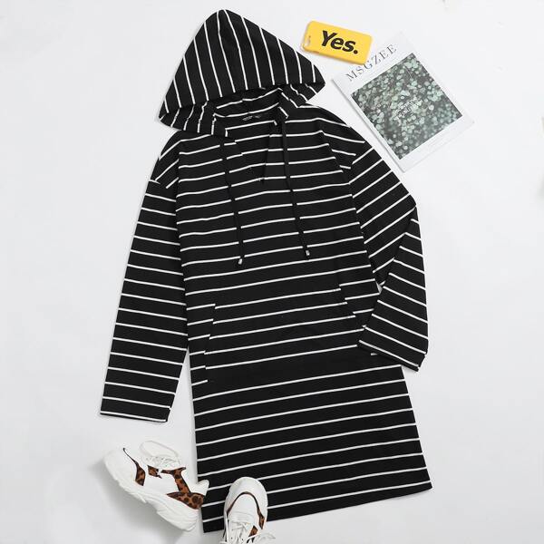 

Plus Striped Drawstring Hooded Tee Dress, Black