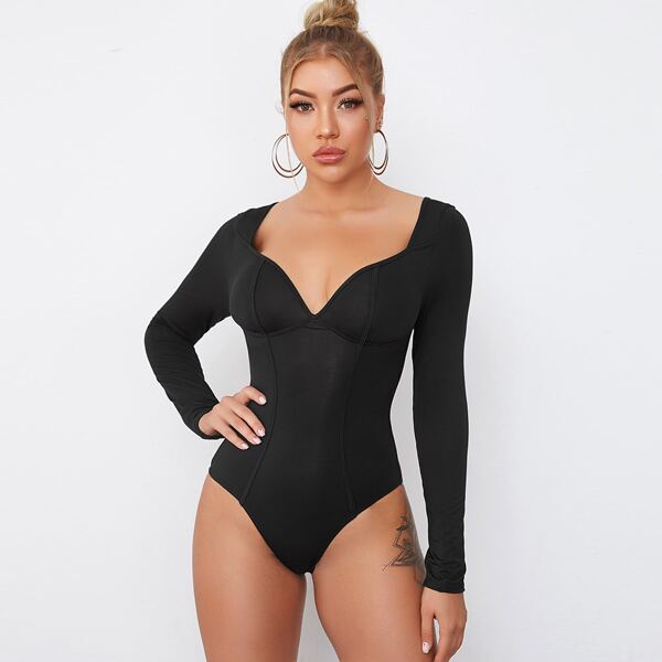 

Sweetheart Neck Solid Skinny Bodysuit, Black