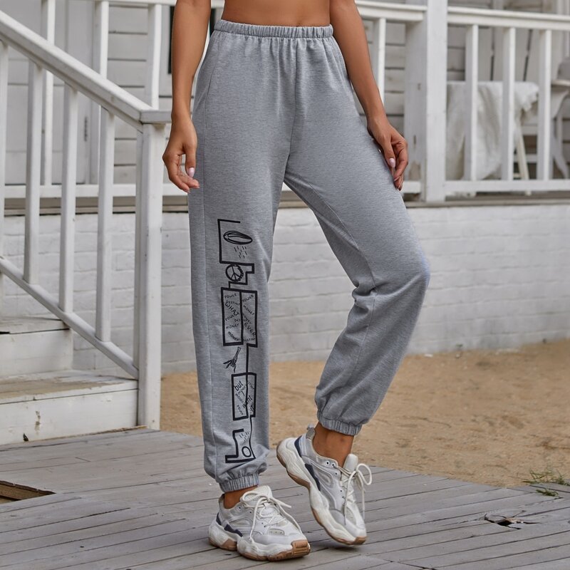 

Letter And Graphic Print Sweatpants, Grey
