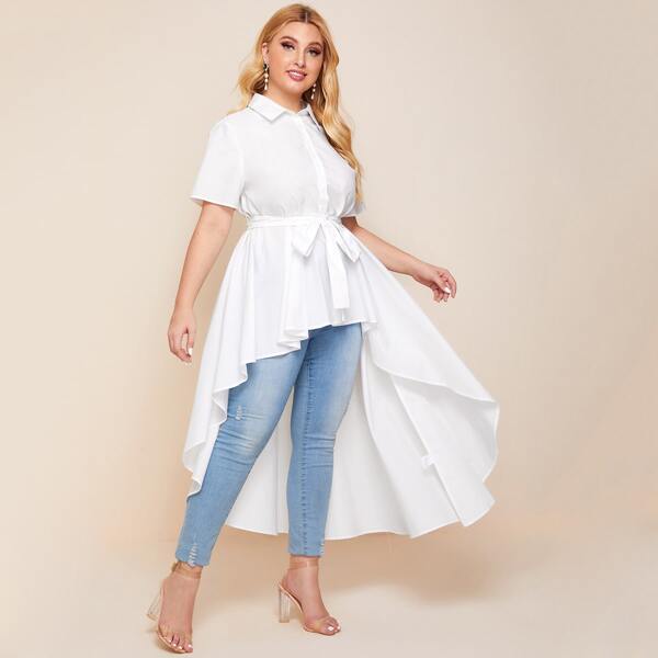 

Plus Button Front Belted High Low Tunic Blouse, White