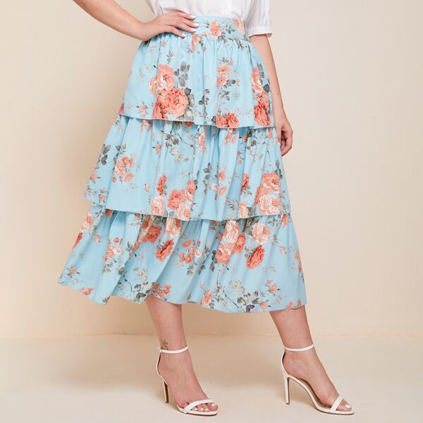 

Plus Floral Print Layered Ruffle Skirt, Baby blue