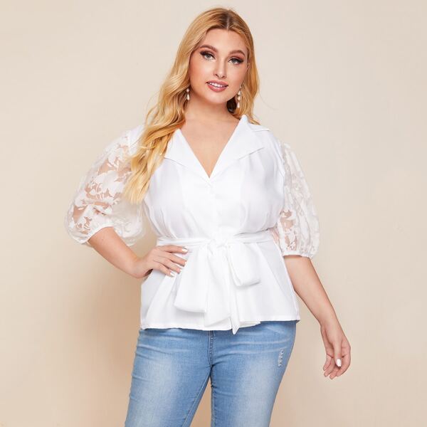 

Plus Floral Bishop Sleeve Notched Collar Belted Blouse, White