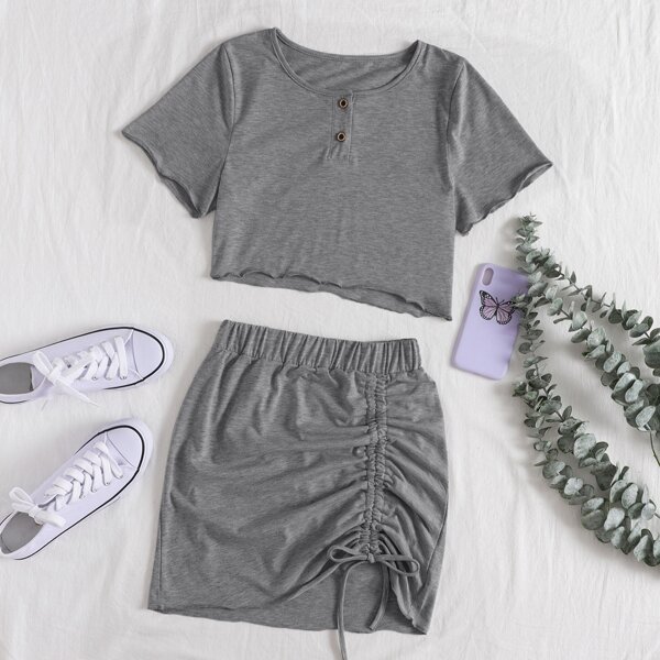 

Lettuce Trim Tee & Drawstring Ruched Skirt, Grey