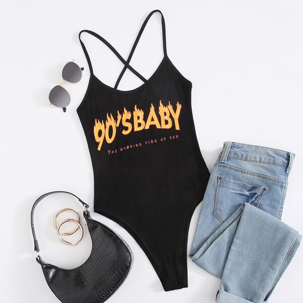 

Crisscross Fire & Slogan Graphic Bodysuit, Black