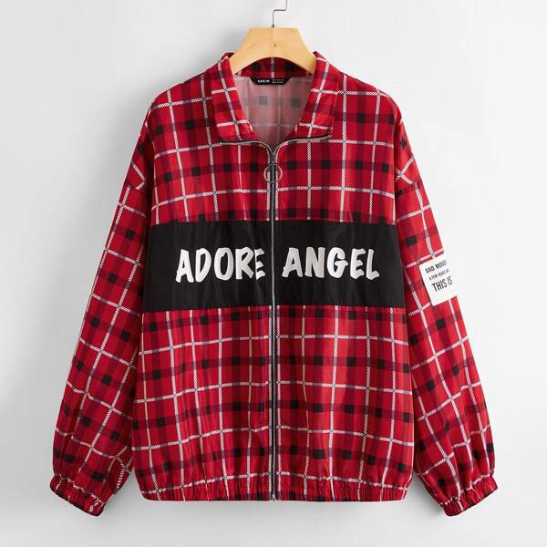 

Zip Up Letter & Plaid Print Jacket, Red