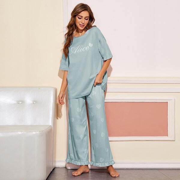 

Drop Shoulder Letter & Heart Print Top And Pants PJ Set, Mint blue