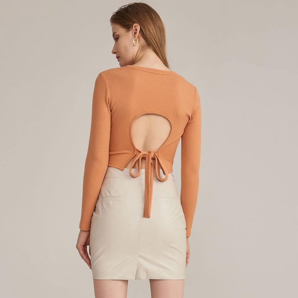 

Tied Cutout Back Rib-knit Crop Top, Orange