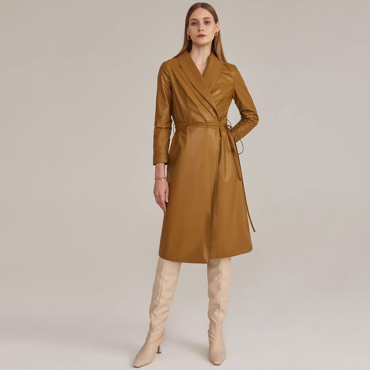 

PU LEATHER OVERLAP BELTED COAT, Brown