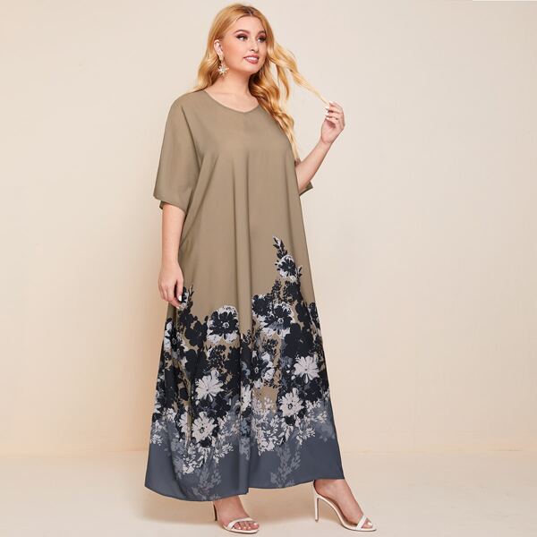 

Plus Batwing Sleeve Floral Print Dress, Mocha brown