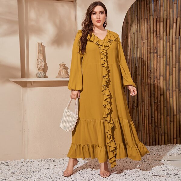 

Plus Bishop Sleeve Ruffle Trim Smock Dress, Mustard yellow