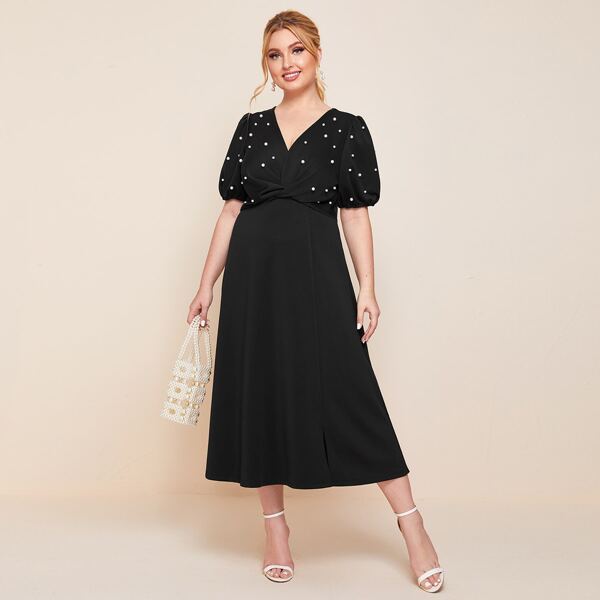 

Plus Pearl Beaded Lantern Sleeve Twist Front Dress, Black