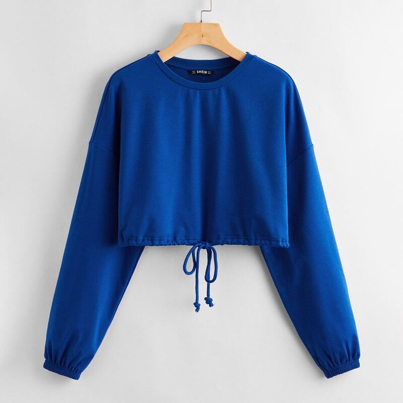 

Drop Shoulder Drawstring Hem Pullover, Blue