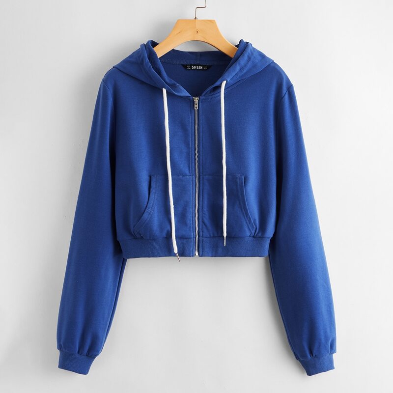 

Zip Up Pouch Pocket Drawstring Hoodie, Blue