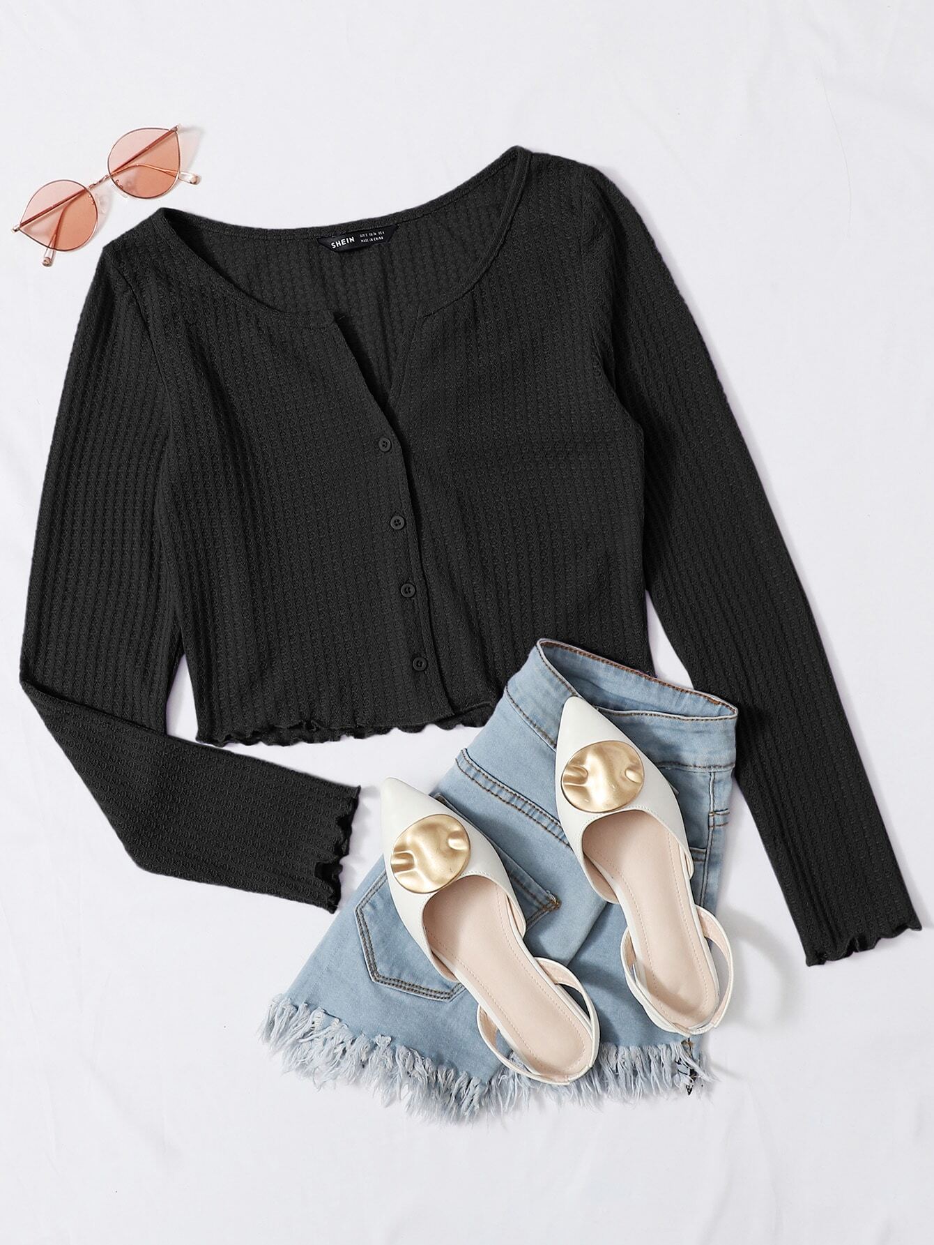 Button Front Lettuce Edge Waffle Knit Tee thumbnail
