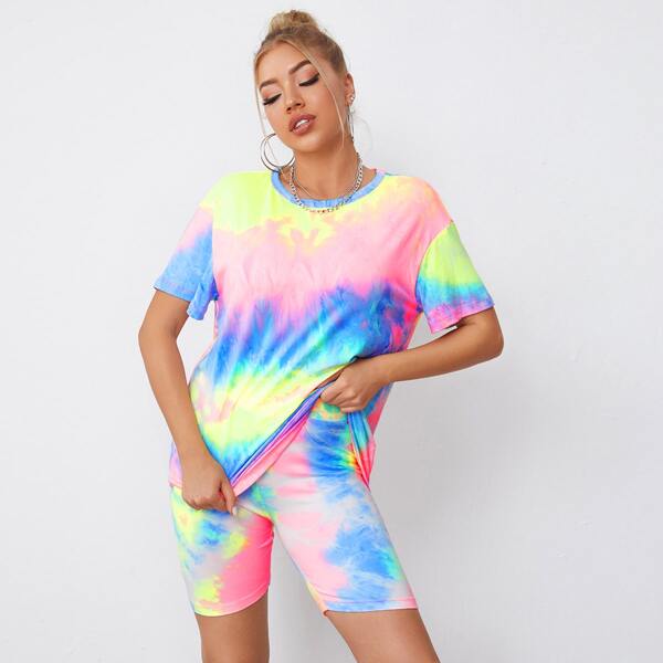 

Drop Shoulder Tie Dye Top & Biker Shorts Set, Multicolor