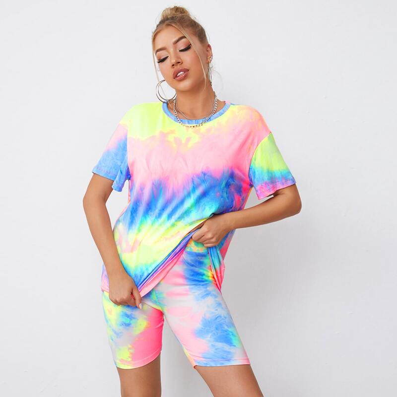 

Drop Shoulder Tie Dye Top & Biker Shorts Set, Multicolor