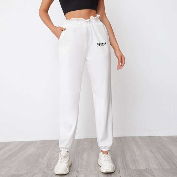 

Ruffle Trim Letter Graphic Sweatpants, White