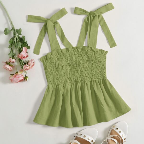 

Tie Shoulder Shirred Ruffle Hem Cami Top, Lime green
