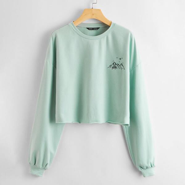 

Drop Shoulder Embroidered Detail Crop Pullover, Pastel mint green