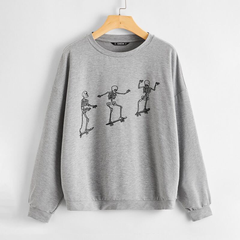 

Skeleton Print Drop Shoulder Pullover, Grey