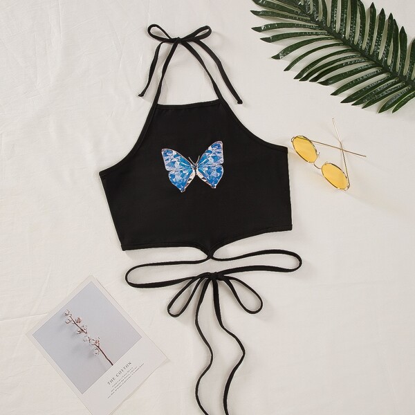 

Butterfly Print Knot Halter Top, Black