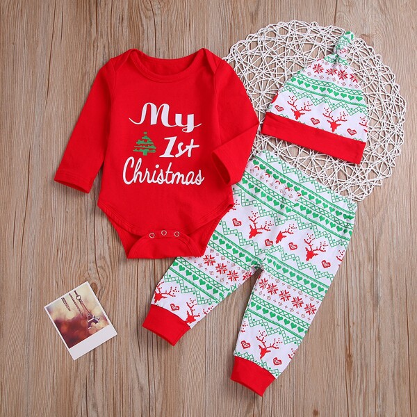 

Baby Boy Christmas Print Bodysuit & Pants & Hat, Red and white
