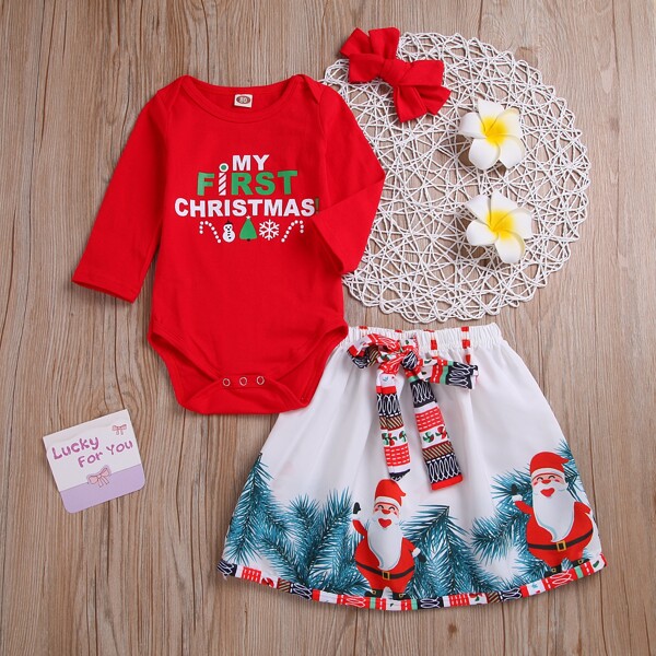 

Baby Girl Christmas Print Bodysuit & Tie Front Skirt & Headband, Multicolor