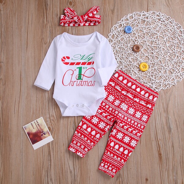 

Baby Girl Christmas Print Bodysuit & Pants & Headband, Red and white