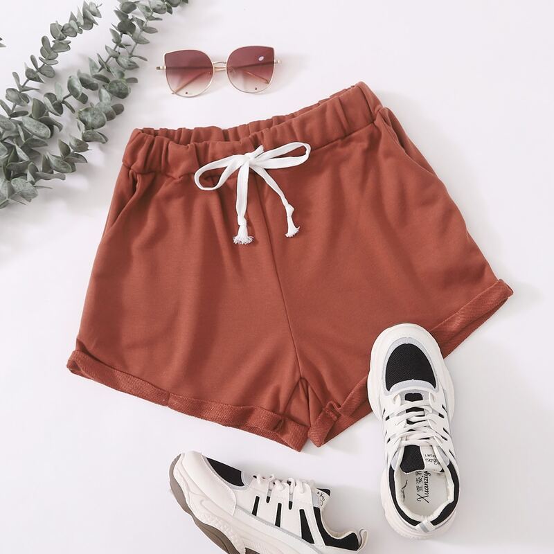 

Solid Drawstring Waist Shorts, Redwood