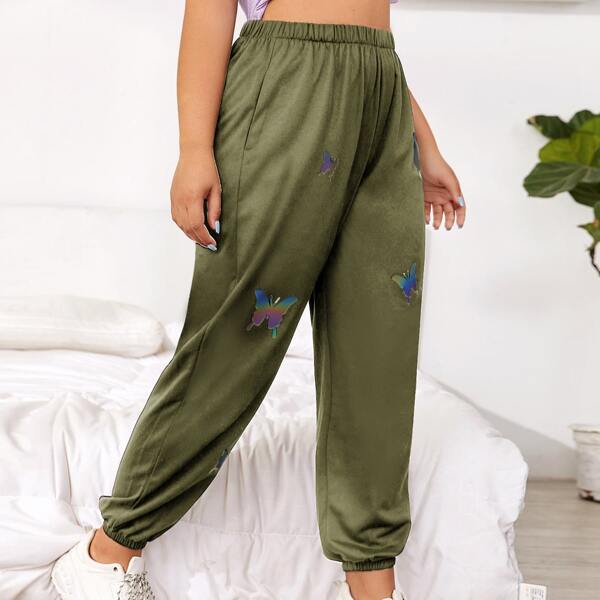 

Plus Butterfly Print Sweatpants, Army green