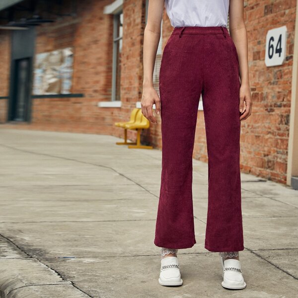 

Flare Leg Solid Cord Pants, Maroon